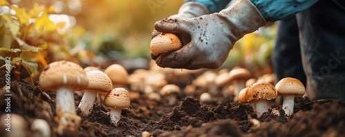 Farmer collecting freshly grown mushrooms from the soil on a farm, surrounded by rich, fertile earth and healthy mushroom patches photo