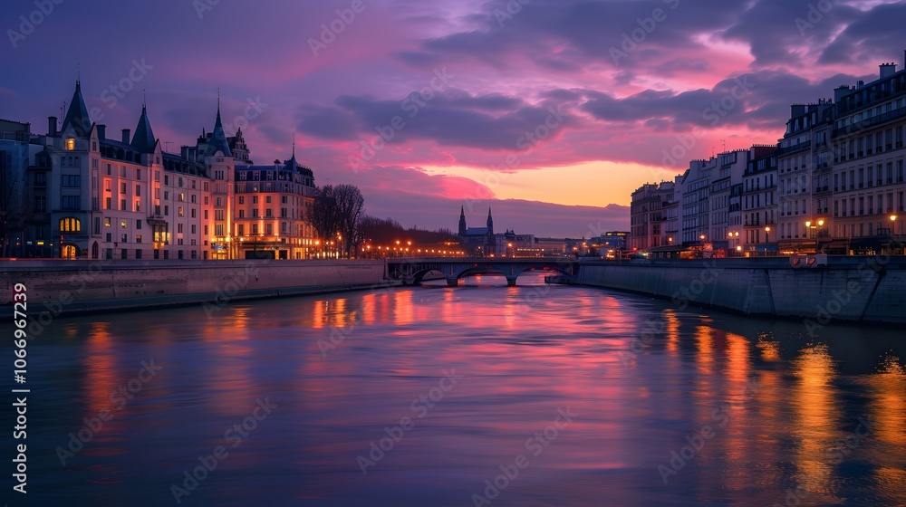 The warm glow of a citys night lights reflected on a pastel river AI generated illustration The warm glow of a citys night lights reflected on a pastel river AI generated illustration