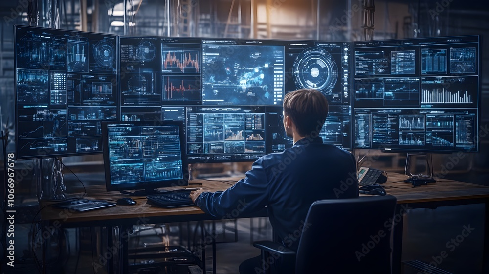 Engineer Interacts with Futuristic Holographic Data Charts in Control Room Engineer Interacts with Futuristic Holographic Data Charts in Control Room