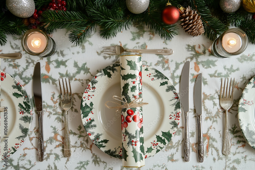 A table is set for a Christmas dinner with a white tablecloth and a green