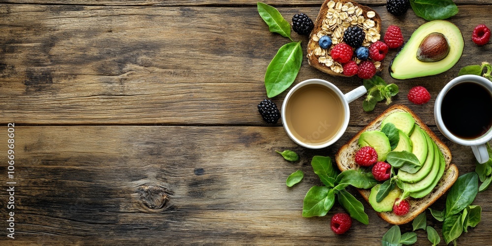 Healthy breakfast spread on a rustic wooden table with avocado toast, mixed berries, granola, coffee, and fresh green leaves. Healthy breakfast spread on a rustic wooden table with avocado toast, mixed berries, granola, coffee, and fresh green leaves.