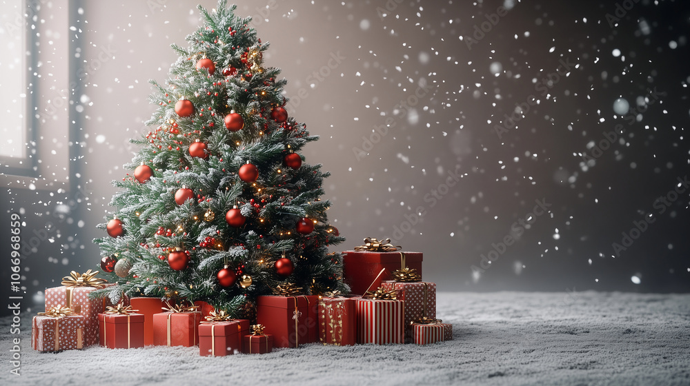 Traditional Christmas tree with a star on top, surrounded by sparkling snowflakes and several colorfully wrapped gift boxes. Traditional Christmas tree with a star on top, surrounded by sparkling snowflakes and several colorfully wrapped gift boxes.