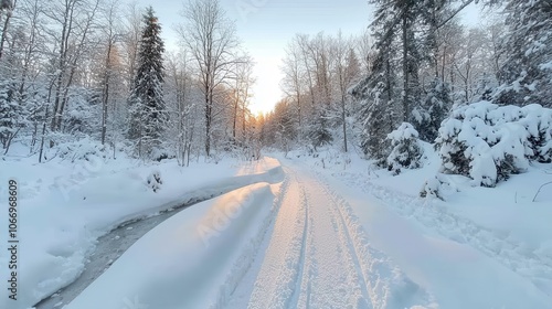 Snowy Woodland Trail Lit by Soft Evening Light