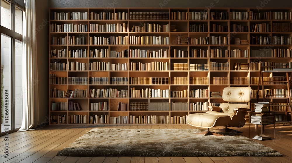 Obraz premium Warm minimalist library with neatly arranged bookshelves AI generated illustration