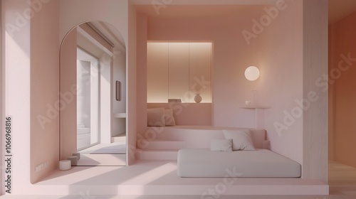 Warm minimalistic studio apartment in pastel colors AI generated illustration