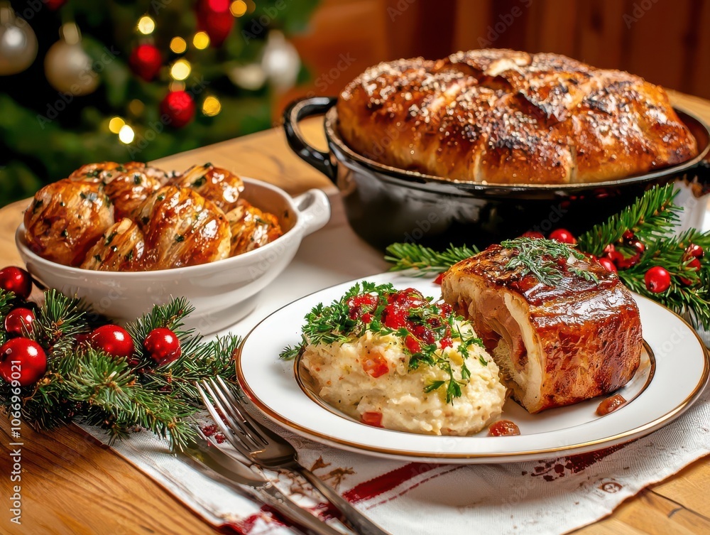Delicious holiday meal with savory dishes, beautifully arranged on a wooden table, festive decorations in background. Delicious holiday meal with savory dishes, beautifully arranged on a wooden table, festive decorations in background.
