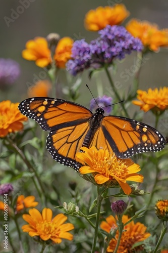 Monarch butterfly with spread wings on flower in colorful garden setting