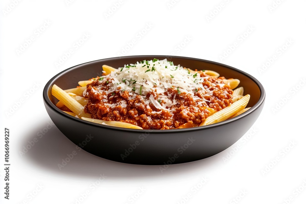 Pasta with meat sauce in a dark bowl Pasta with meat sauce in a dark bowl