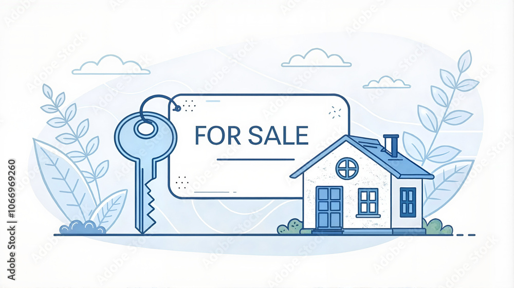 House for sale sign with key and leaves illustration
House for sale sign with key and leaves illustration