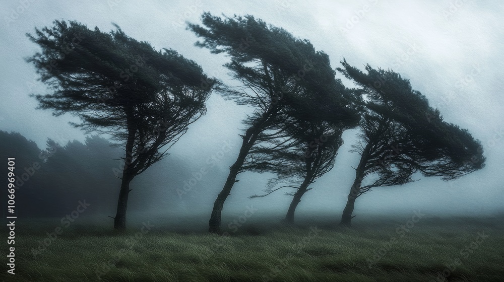 Windswept trees enduring storm in misty landscape Windswept trees enduring storm in misty landscape