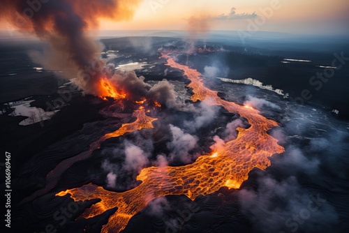 Wallpaper Mural Eruption of a large volcano from a bird's eye view, top view of the volcano and flowing hot magma. Torontodigital.ca