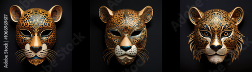 Three jaguar masks are isolated against a black background.