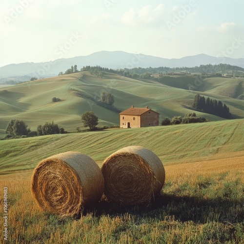 Tuscan Farmhouse Rolling Hills Hay Bales Rural Landscape