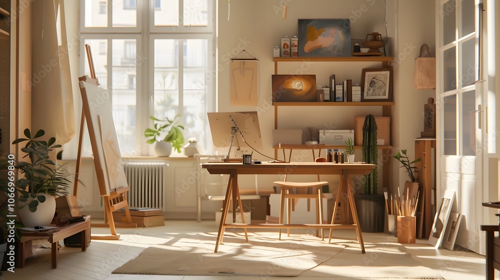 Fototapeta premium Warmtoned minimalist art studio with creative space AI generated illustration