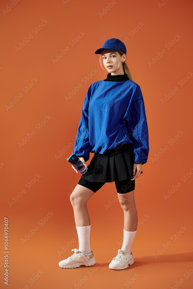 A talented athlete poses expressively against an orange backdrop, highlighting her passion. A talented athlete poses expressively against an orange backdrop, highlighting her passion.