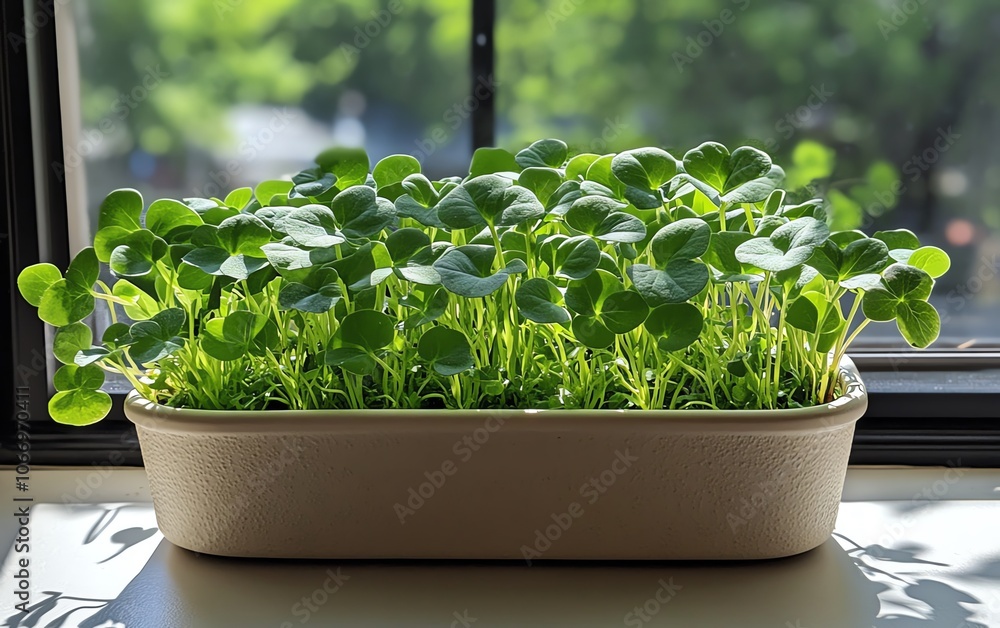 Vibrant microgreens growing in a container on a sunlit windowsill, showcasing their healthy, fresh appearance with rich green leaves basking in sunlight Vibrant microgreens growing in a container on a sunlit windowsill, showcasing their healthy, fresh appearance with rich green leaves basking in sunlight