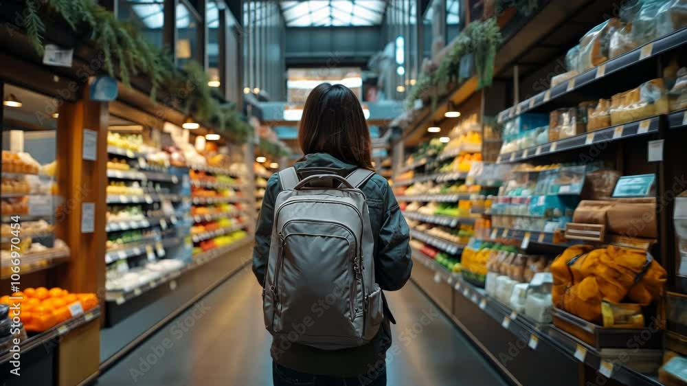 Young woman with backpack in grocery store aisle, exploring food options and making sustainable choices. Fresh produce, modern shopping experience, lifestyle and health-conscious consumer Young woman with backpack in grocery store aisle, exploring food options and making sustainable choices. Fresh produce, modern shopping experience, lifestyle and health-conscious consumer