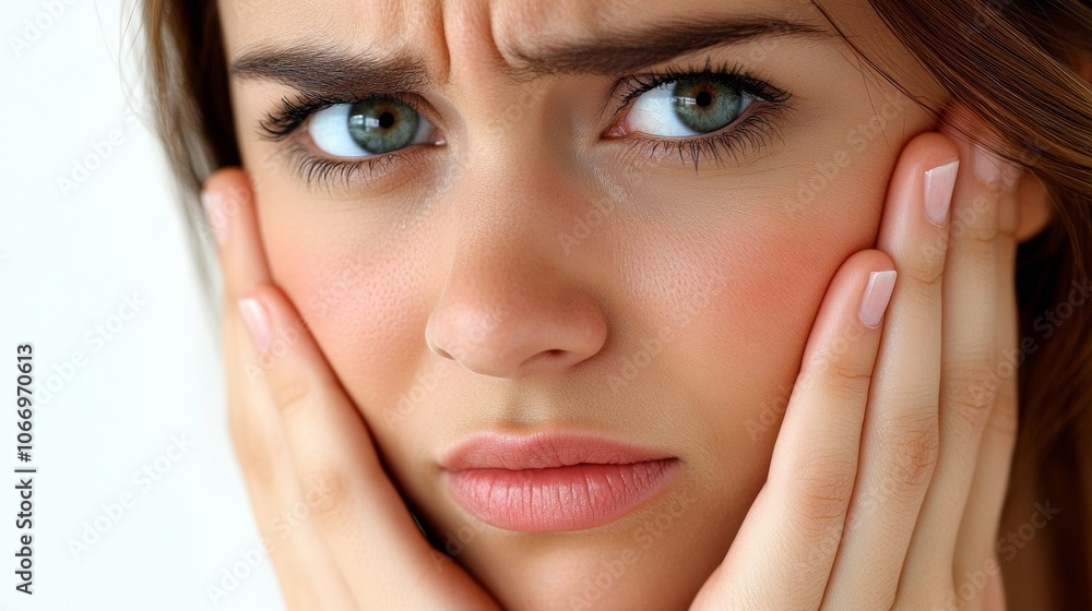 Fototapeta premium Woman with Facial Pain Touching Cheek Worried Expression Closeup