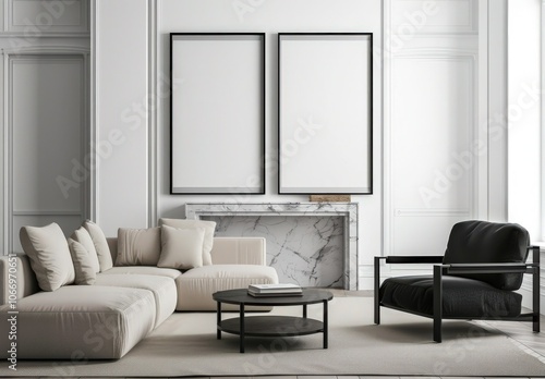 Modern living room with a white sofa. black armchair. coffee table and two blank frames on the wall