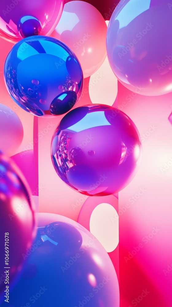 Colorful spheres floating in abstract pink space Colorful spheres floating in abstract pink space