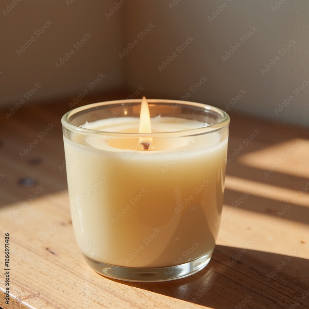 white lit candle in glass on table close-up, Al Generation white lit candle in glass on table close-up, Al Generation
