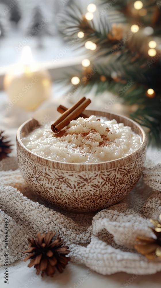 A bowl of creamy rice pudding topped with cinnamon sticks sits on a cozy white blanket near a window A bowl of creamy rice pudding topped with cinnamon sticks sits on a cozy white blanket near a window