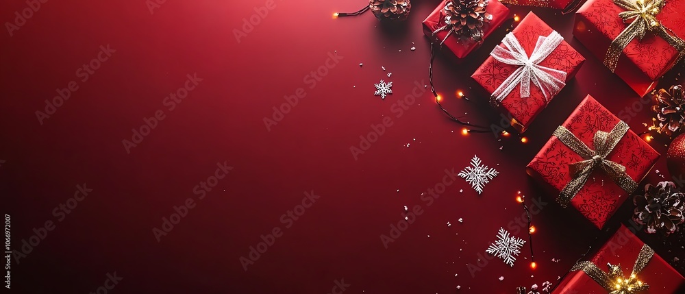 Elegant Christmas background with white snowflakes, red gift boxes, and warm lights on a red surface, flat lay, top view banner style for a festive concept Elegant Christmas background with white snowflakes, red gift boxes, and warm lights on a red surface, flat lay, top view banner style for a festive concept