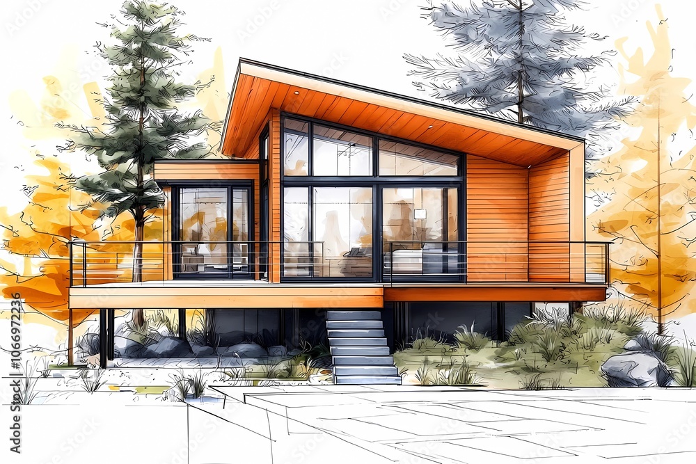 Illustrative sketch of a modern house, architectural project of a country house Illustrative sketch of a modern house, architectural project of a country house