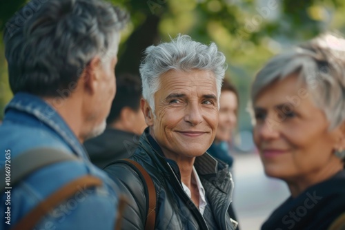 Portrait of senior man looking at camera with friends in background.