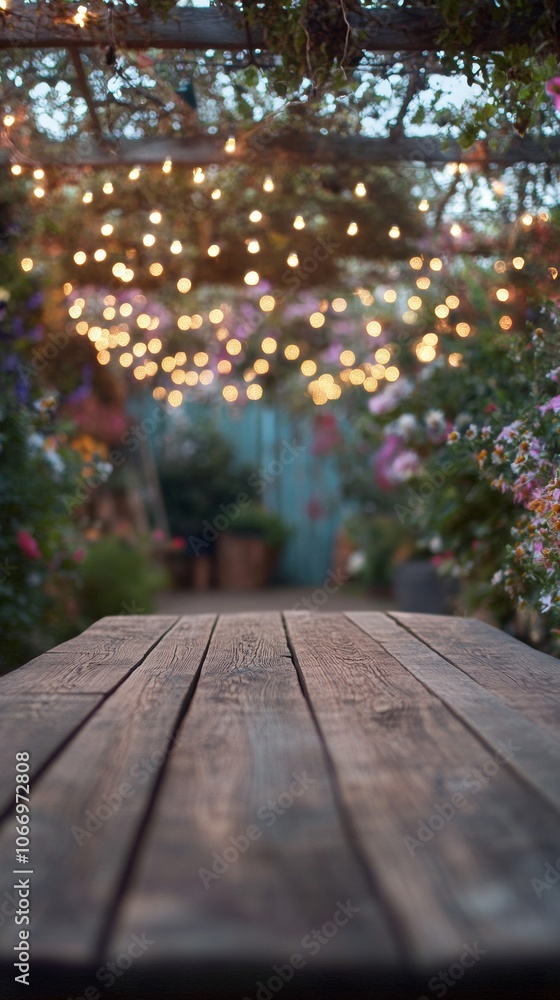 Empty wooden table illuminating romantic garden setting with string lights Empty wooden table illuminating romantic garden setting with string lights