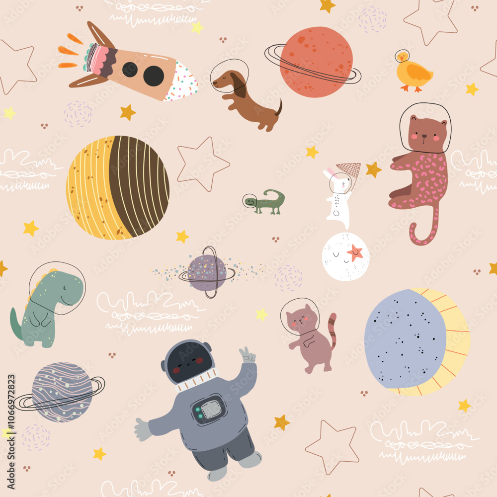 Cute space pattern with animals, planets, space sheap. stars and comets ...