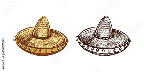 Hand-drawn colored and monochrome sombrero sketch. Vintage drawing of hat.  Mexican culture, clothes, Latin America.