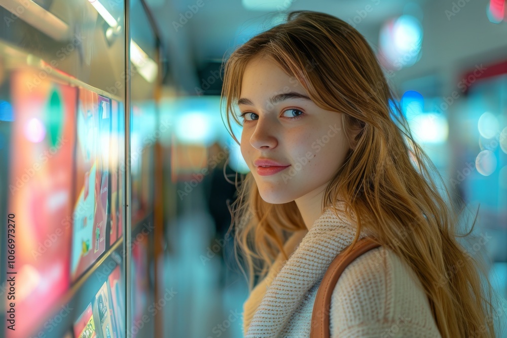 Bright atmosphere: a young woman in stylish attire enjoying the selection process in the store Bright atmosphere: a young woman in stylish attire enjoying the selection process in the store