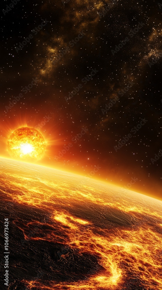 Planet surface covered in lava with bright star rising on the horizon Planet surface covered in lava with bright star rising on the horizon
