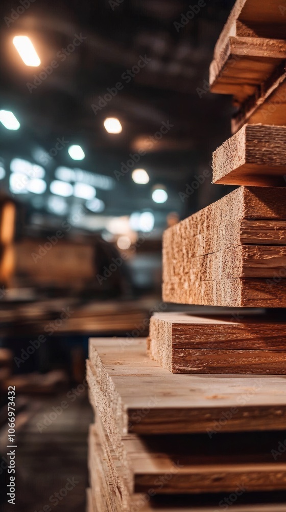 Stack of wooden planks forming abstract shapes in a workshop Stack of wooden planks forming abstract shapes in a workshop