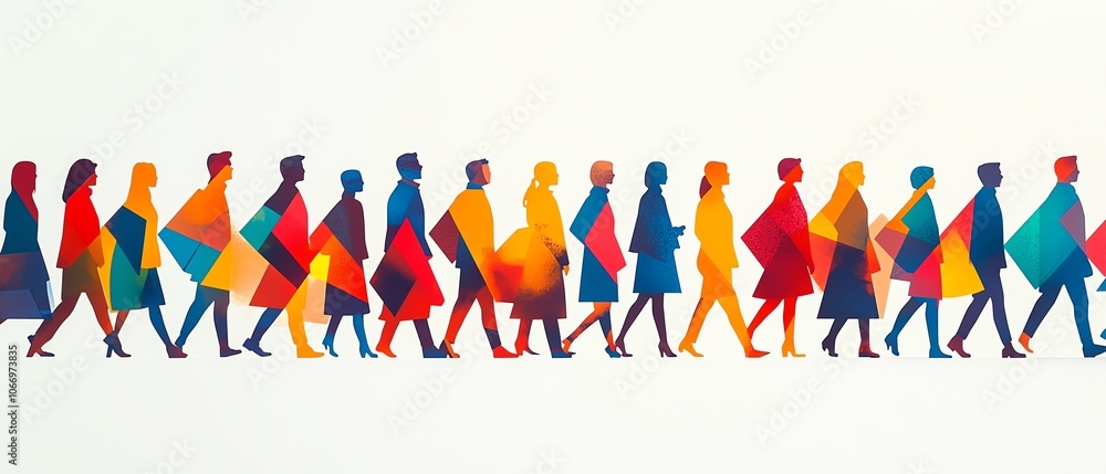 Vibrant group of people arranged in an arrow shape, white background, flat color blocks, bold colorful patterns, simple lines and shapes for a modern, minimalist design Vibrant group of people arranged in an arrow shape, white background, flat color blocks, bold colorful patterns, simple lines and shapes for a modern, minimalist design