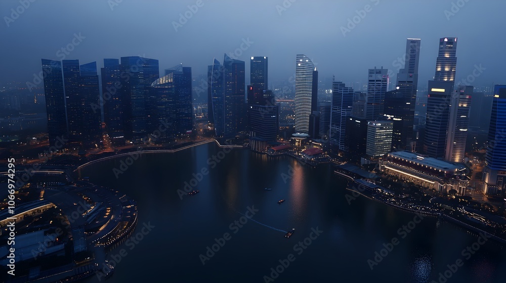 Obraz premium Mesmerizing Aerial Perspective of Singapore's Iconic Marina Bay Skyline at Dusk