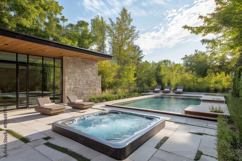 Modern outdoor spa area with a hot tub, lounge chairs, and a pool surrounded by greenery and natural light. Modern outdoor spa area with a hot tub, lounge chairs, and a pool surrounded by greenery and natural light.