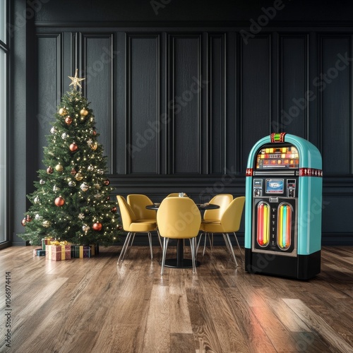 Classic American diner with a Christmas tree in the corner retro decor