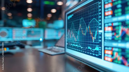 Wallpaper Mural A sleek, modern trading room with screens displaying financial data and charts, conveying a high-tech atmosphere of analysis and investment. Torontodigital.ca