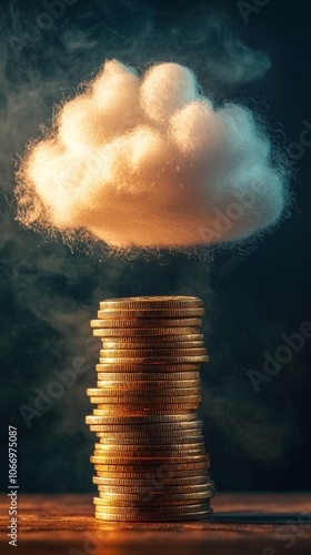 Cloud computing costs: stack of gold coins supporting fluffy cloud on dark background