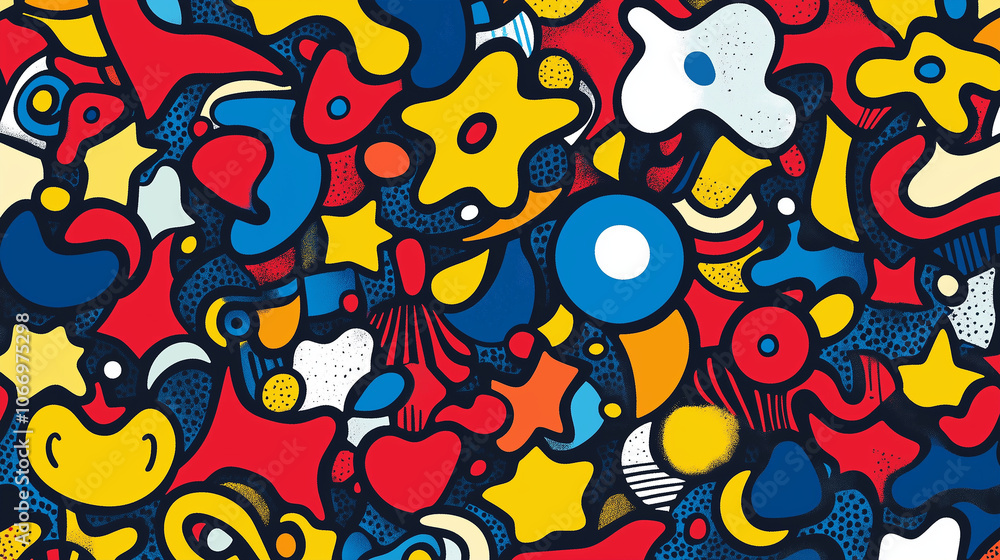 Wzór w stylu pop art, w którym podstawowe kolory czerwony, niebieski i żółty łączą się w dynamiczne, zabawne kompozycje. Wzór w stylu pop art, w którym podstawowe kolory czerwony, niebieski i żółty łączą się w dynamiczne, zabawne kompozycje.