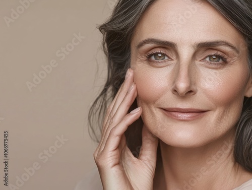 Portrait of smiling middle aged woman touching face with gray hair