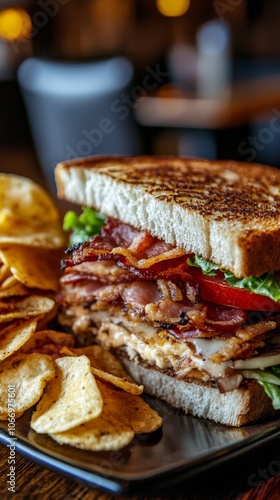 Delicious toasted bacon club sandwich with potato chips on plate