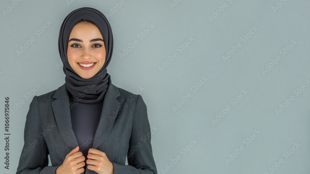 Arabian business woman in suit blazer isolated on gray, lawyer secretary Arabian business woman in suit blazer isolated on gray, lawyer secretary
