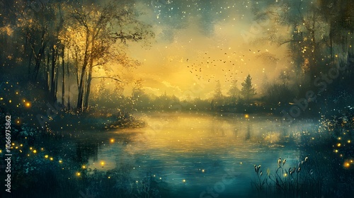 A beautiful landscape with trees and water, glowing yellow lights in the sky, pastel colors, soft brushstrokes, a fantasy illustration style