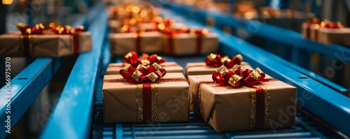 Christmas gifts wrapped in brown paper traveling on blue conveyor belt