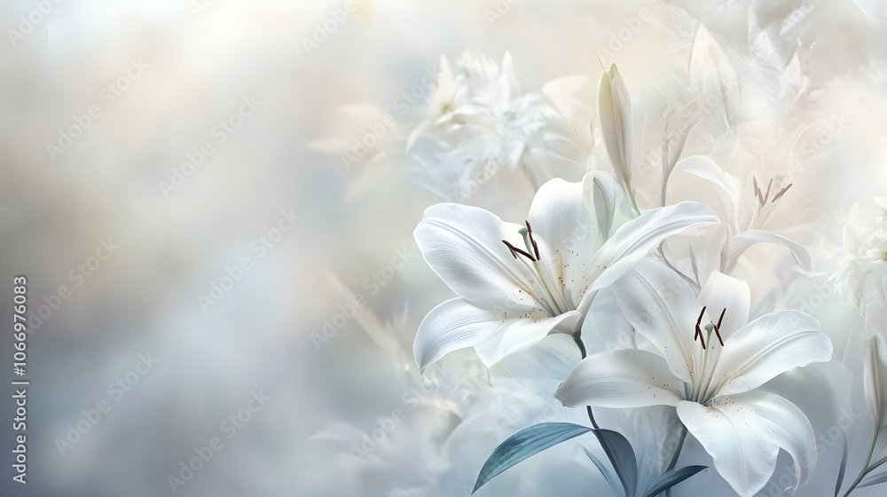 Elegant White Lily Bloom on Soft Grey Minimalist Background Elegant White Lily Bloom on Soft Grey Minimalist Background