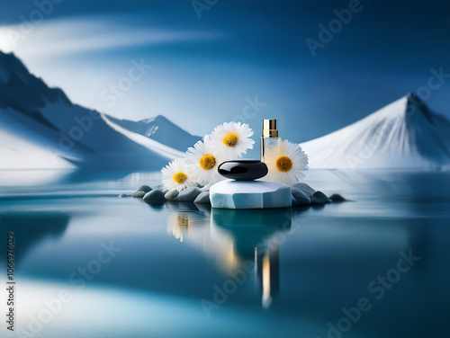 A frosted glass perfume bottle and a black stone rest on a small glacier surrounded by white daisies and snowy mountains. The surface of a calm blue lake reflects the scene.