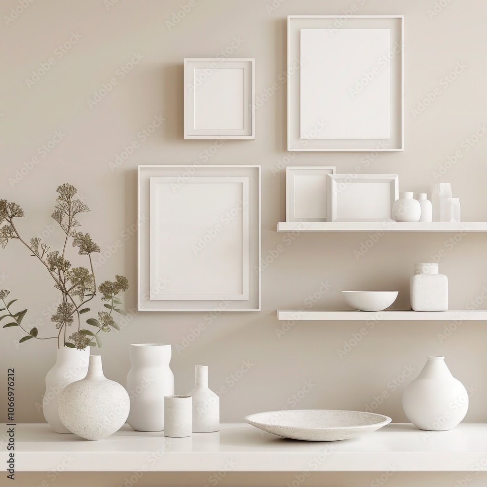 A minimalist interior design with white shelves and a beige wall featuring framed botanical prints. pampas grass. and decorative objects A minimalist interior design with white shelves and a beige wall featuring framed botanical prints. pampas grass. and decorative objects